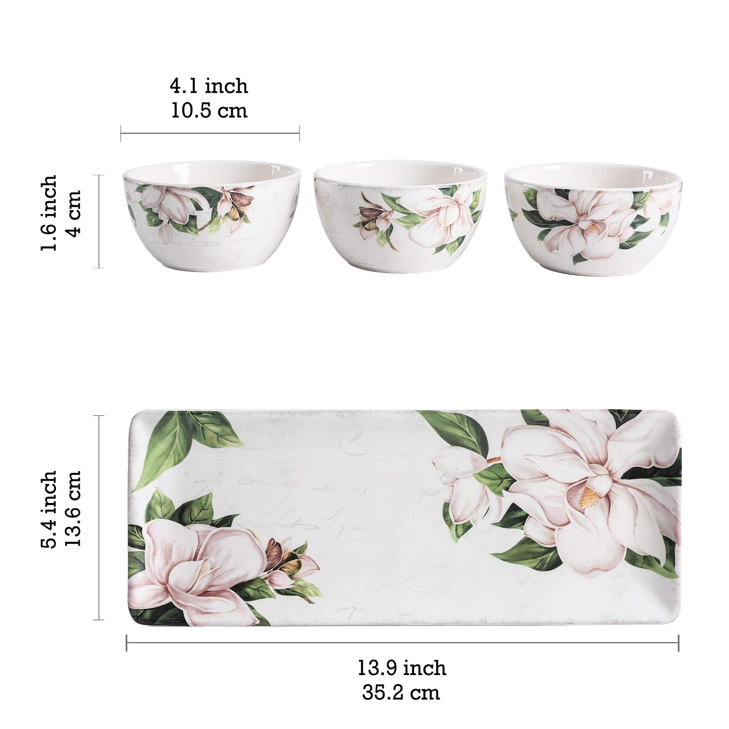 Bico Magnolia Floral Ceramic Dipping Bowl Set (9oz bowls with 14 inch platter), for Sauce, Nachos, Snacks, Microwave & Dishwasher Safe