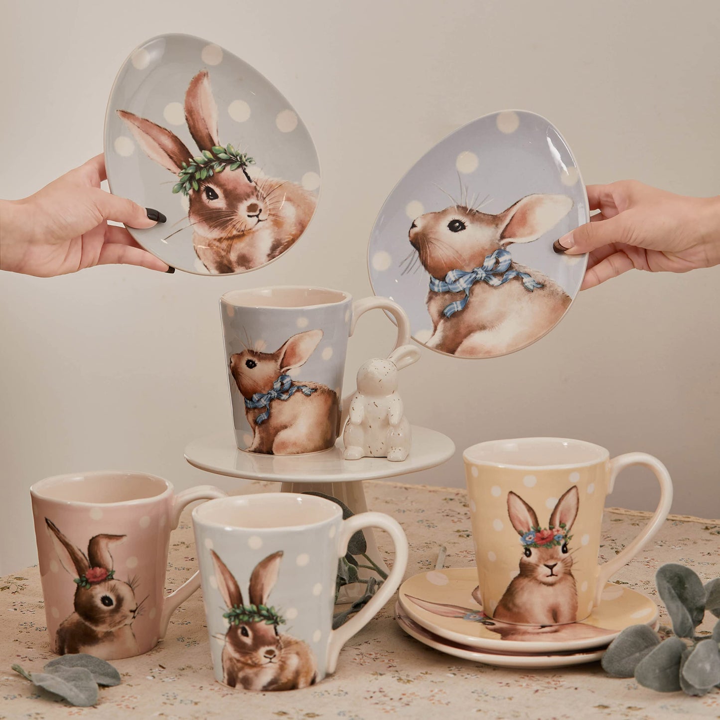 Bico Farmhouse Bunny Ceramic Mugs, 16oz, Set of 4, for Coffee, Tea, Drinks, Microwave & Dishwasher Safe