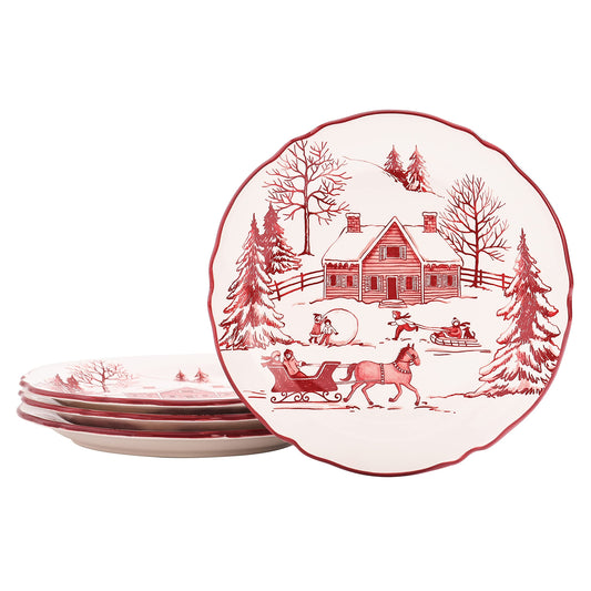 Bico Toile De Jouy Winter Wonderland Ceramic 8.75 inch Scalloped Salad Plates, Set of 4, for Salad, Appetizer, Microwave & Dishwasher Safe