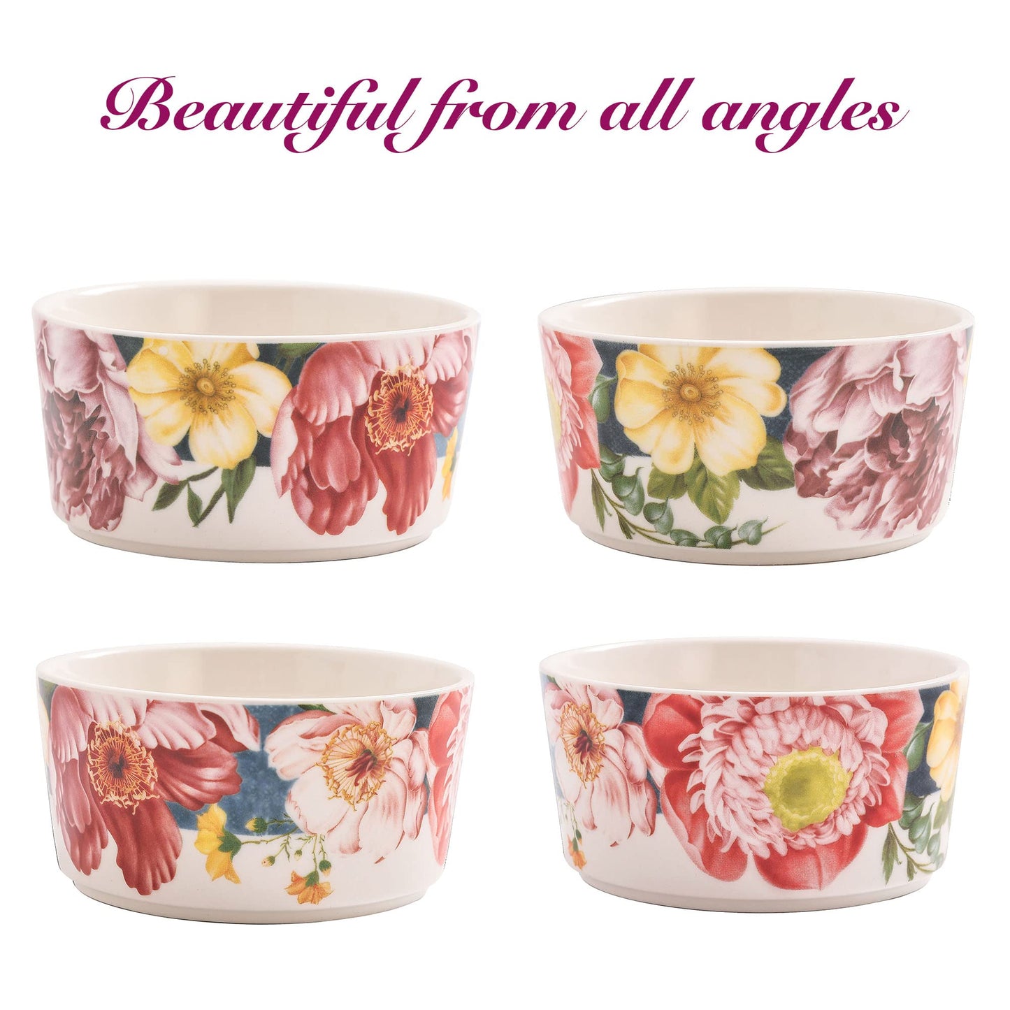 Bico Peony Heaven Stoneware 8oz Ramekin Set, Set of 4, Round Baking Bowl for Pudding, Creme Brulee, Souffle, Microwave, Dishwasher and Oven Safe