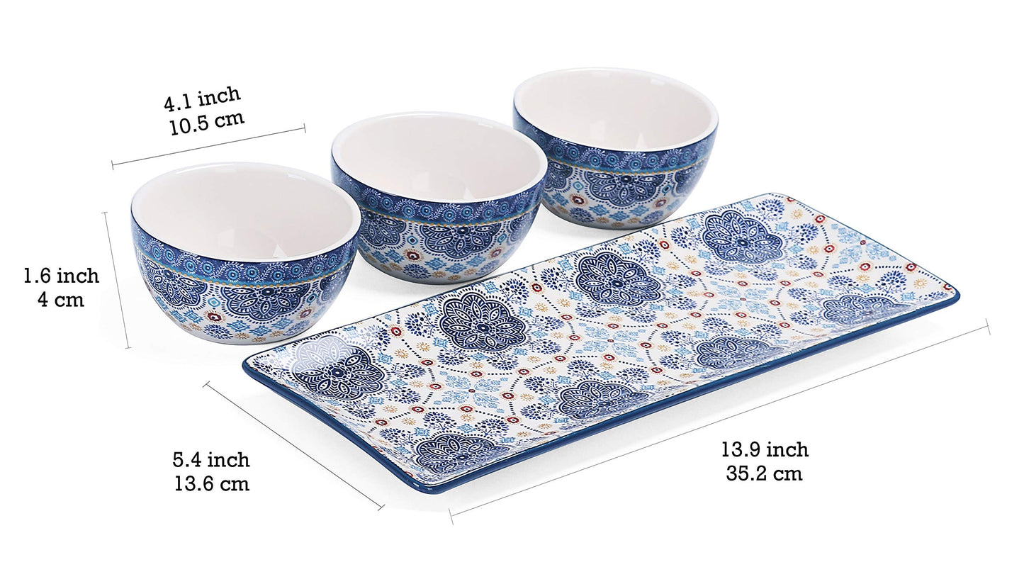 Bico Blue Talavera Ceramic Dipping Bowl Set (9oz bowls with 14 inch platter), for Sauce, Nachos, Snacks, Microwave & Dishwasher Safe