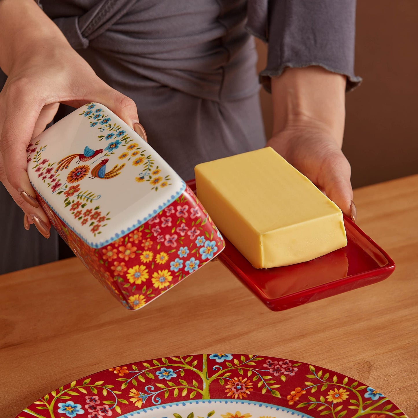 Bico Red Spring Bird Ceramic Butter Dish with Lid, Butter Keeper for Counter, Kitchen, Dishwasher Safe