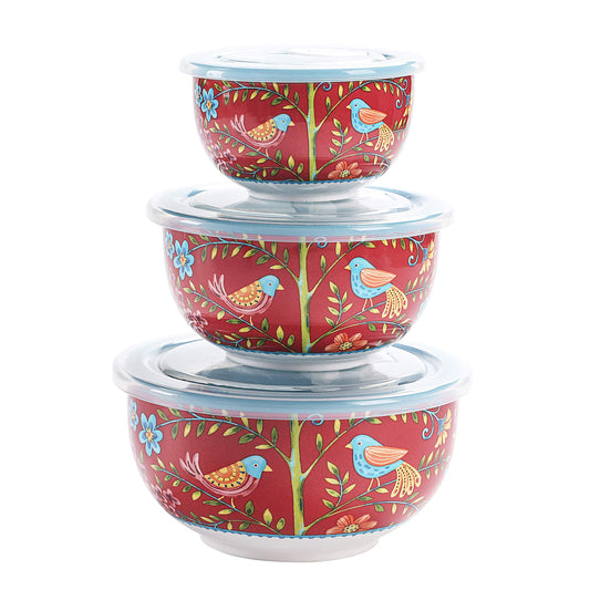 Bico Red Spring Bird Ceramic Bowl with Air Tight Lid Set of 3(27oz, 18oz, 9oz each), Prep bowls, Food Storage Bowl for Salad, Snacks, Fruits, Microwave and Dishwasher Safe