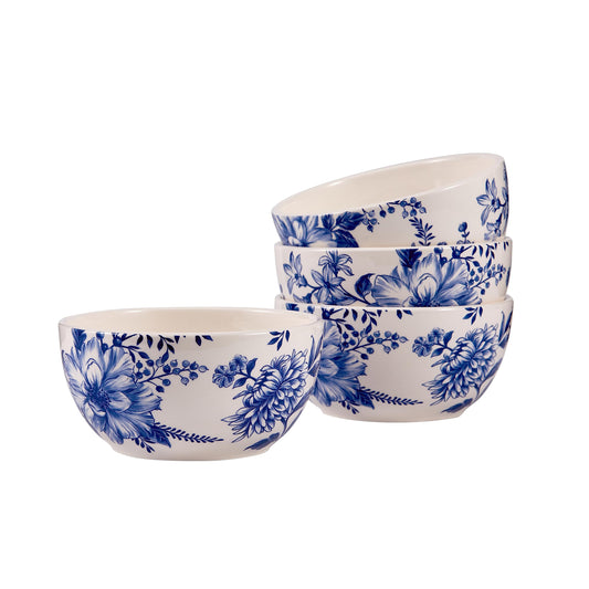 Bico Blue Floral Haven Ceramic Cereal Bowls Set of 4, 26oz, for Pasta, Salad, Cereal, Soup & Microwave & Dishwasher Safe