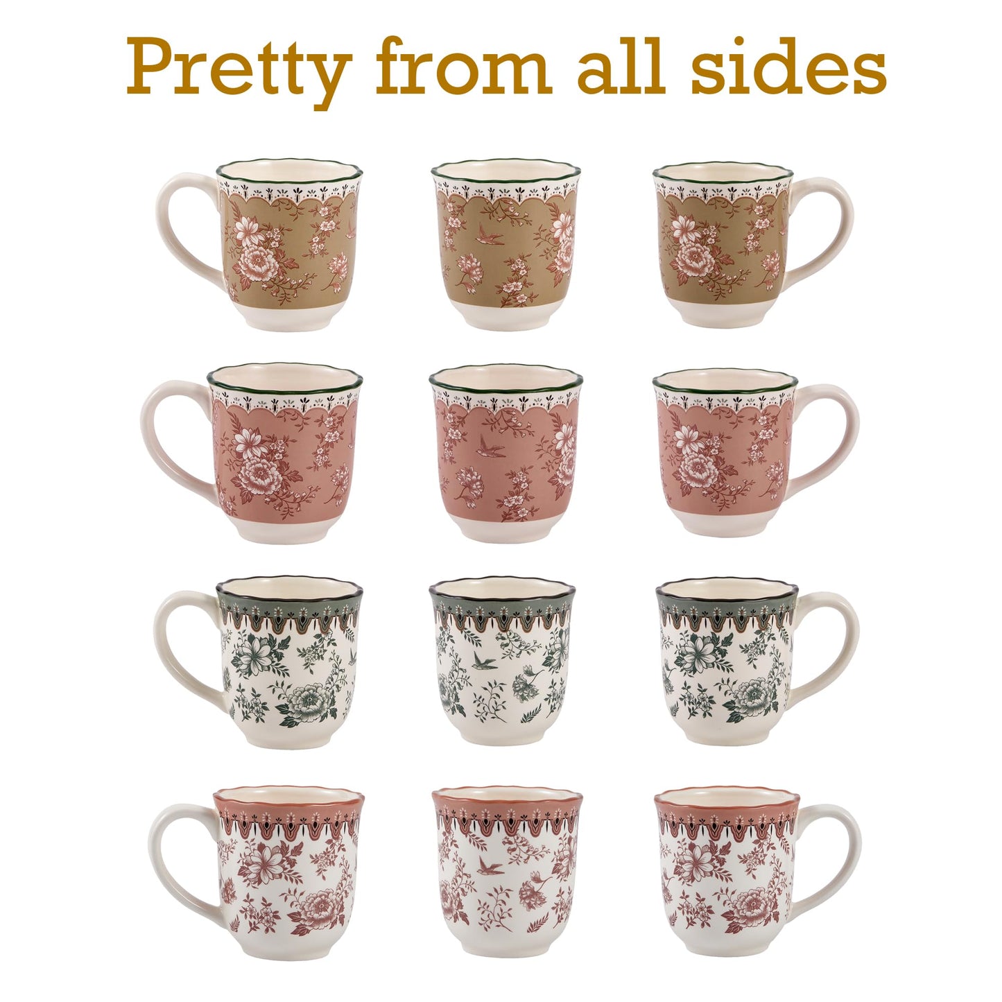 Bico Country Wanderlust Scalloped Ceramic Mugs, Set of 4, for Coffee, Tea, Drinks, Microwave & Dishwasher Safe