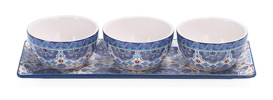 Bico Blue Talavera Ceramic Dipping Bowl Set (9oz bowls with 14 inch platter), for Sauce, Nachos, Snacks, Microwave & Dishwasher Safe