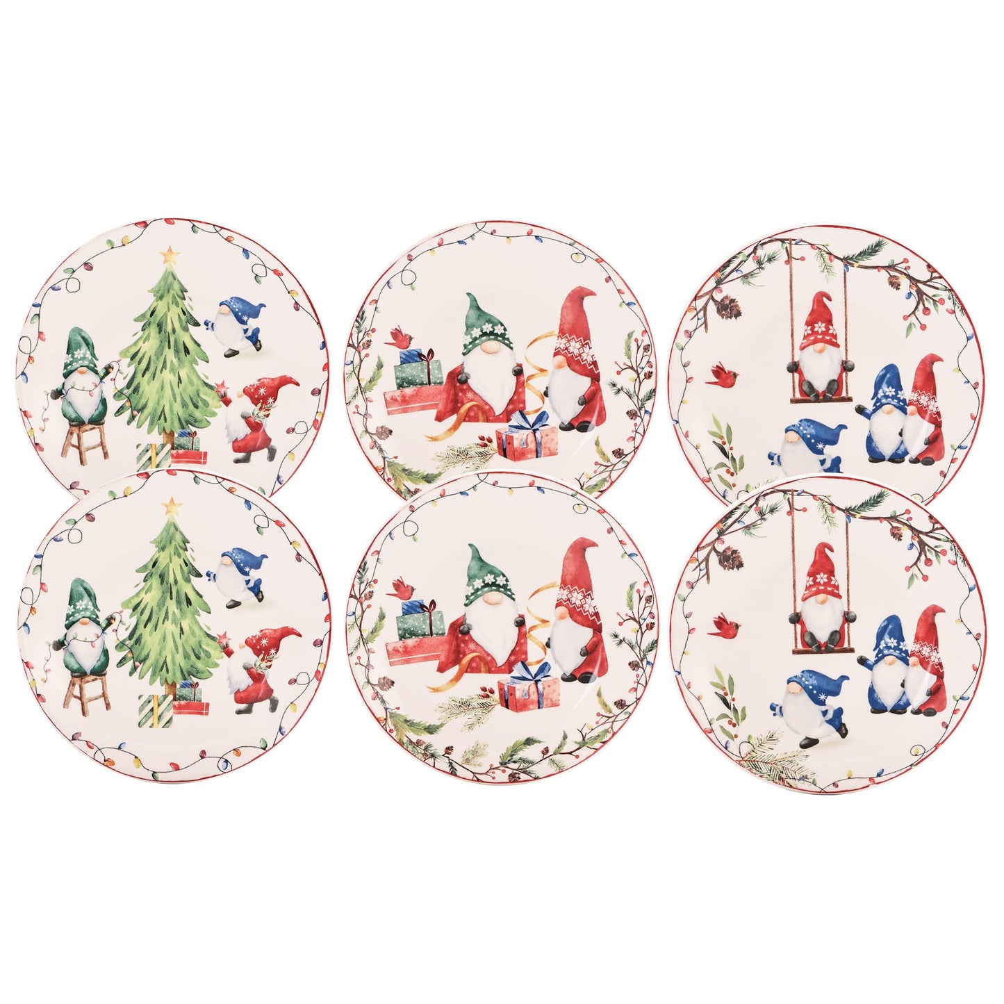 Bico Christmas Gnomes 6 inch Ceramic Appetizer Plate, Set of 6, for Salad, Appetizer, Snacks, Microwave & Dishwasher Safe