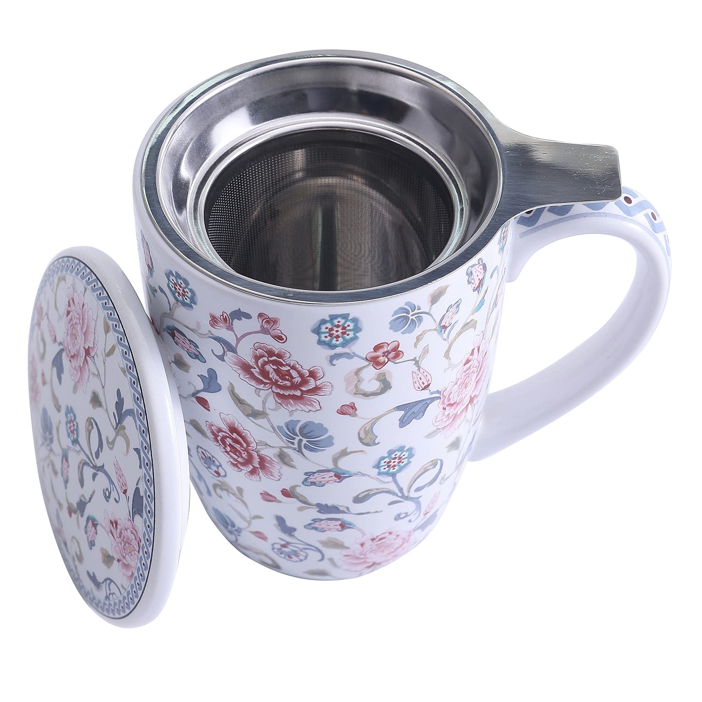 Bico 12oz Porcelain Tea Mug with Infuser and Lid, Microwave & Dishwasher Safe