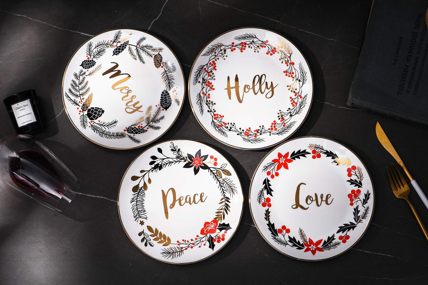 Bico Christmas Wreath Holiday Porcelain 8 inch Salad Plates, Set of 4, for Salad, Appetizer, Microwave Safe & Handwash Suggested