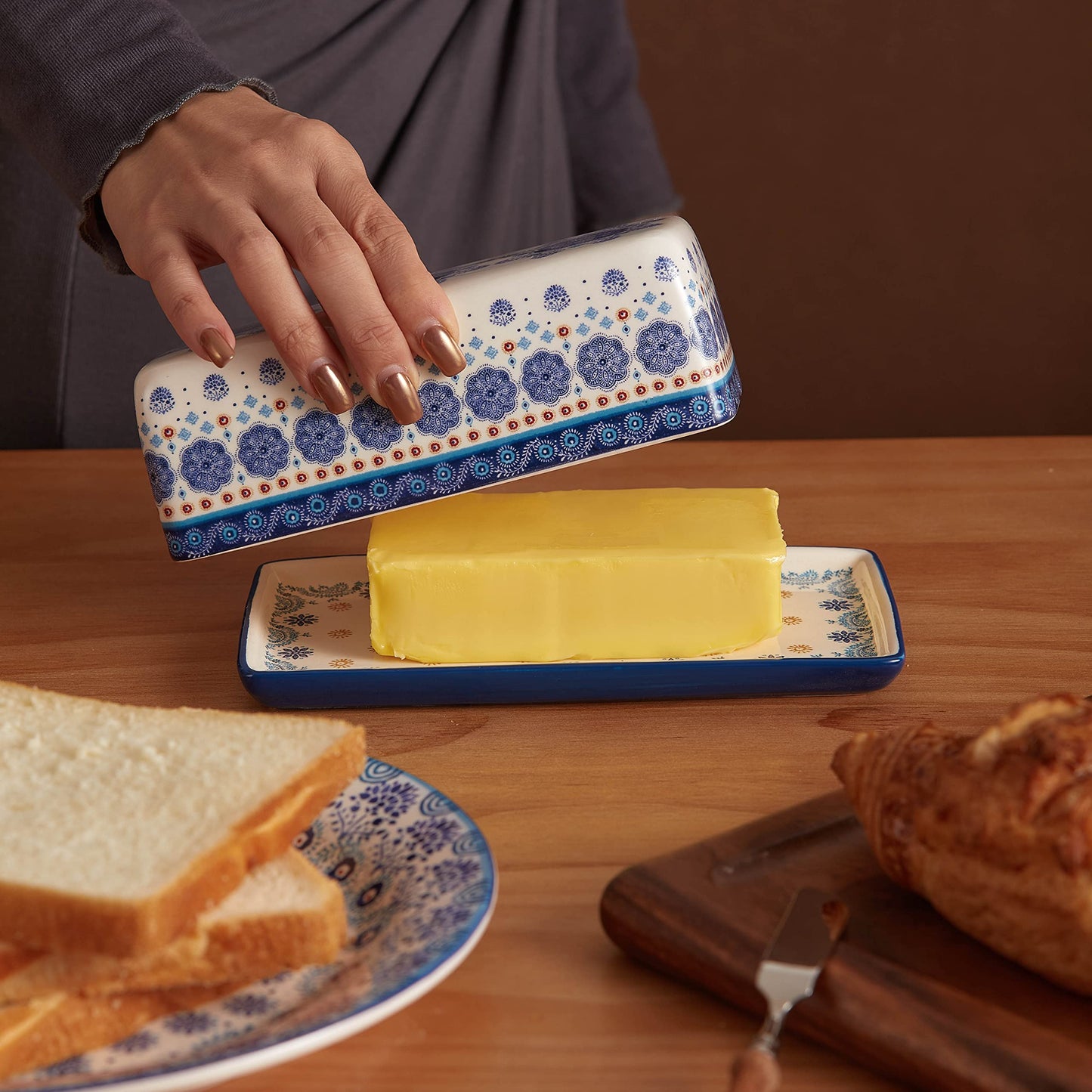 Bico Blue Talavera Ceramic Butter Dish with Lid, Butter Keeper for Counter, Kitchen, Dishwasher Safe