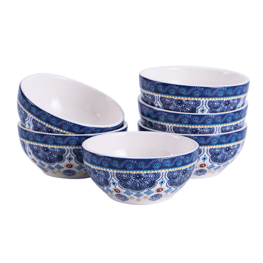 Bico Blue Talavera Dessert Bowls Set of 6, Ceramic, 12oz, for Ice Cream, Salad, Cereal, Dipping Sauce, Microwave & Dishwasher Safe