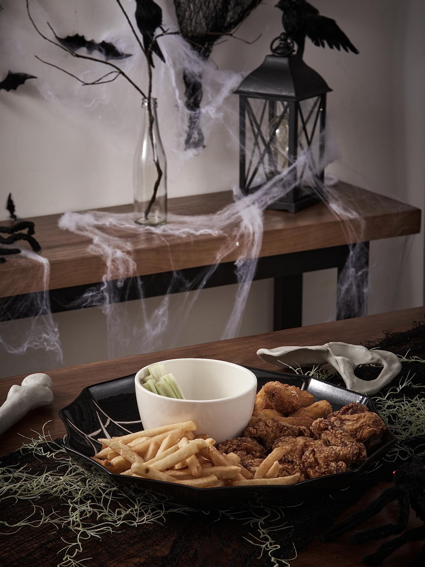 Bico Halloween Spider Web 14.8 inch Black Ceramic Chip and Dip Set, Plate With Sauce Bowl, for snacks, nachos, candy, treats, buffalo wings, Microwave and Dishwasher Safe