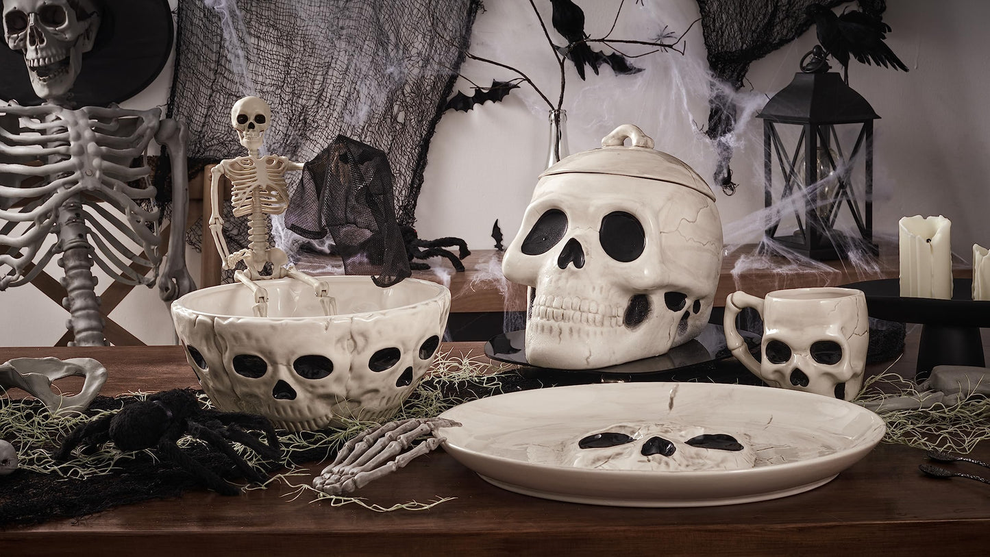 Bico Halloween Skull 10.4 inch White Candy Ceramic Serving Bowl, for treats, chocolates, cookies, Microwave and Dishwasher Safe