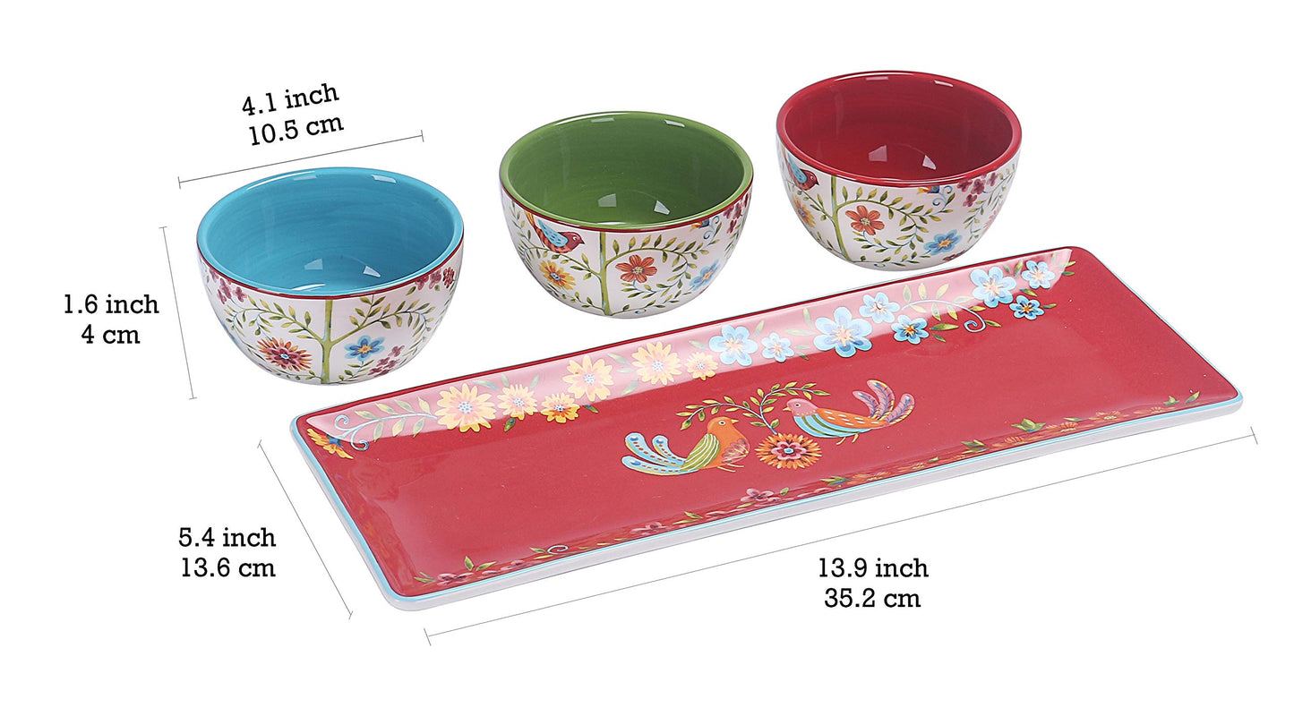 Bico Red Spring Bird Ceramic Dipping Bowl Set (9oz bowls with 14 inch platter), for Sauce, Nachos, Snacks, Microwave & Dishwasher Safe