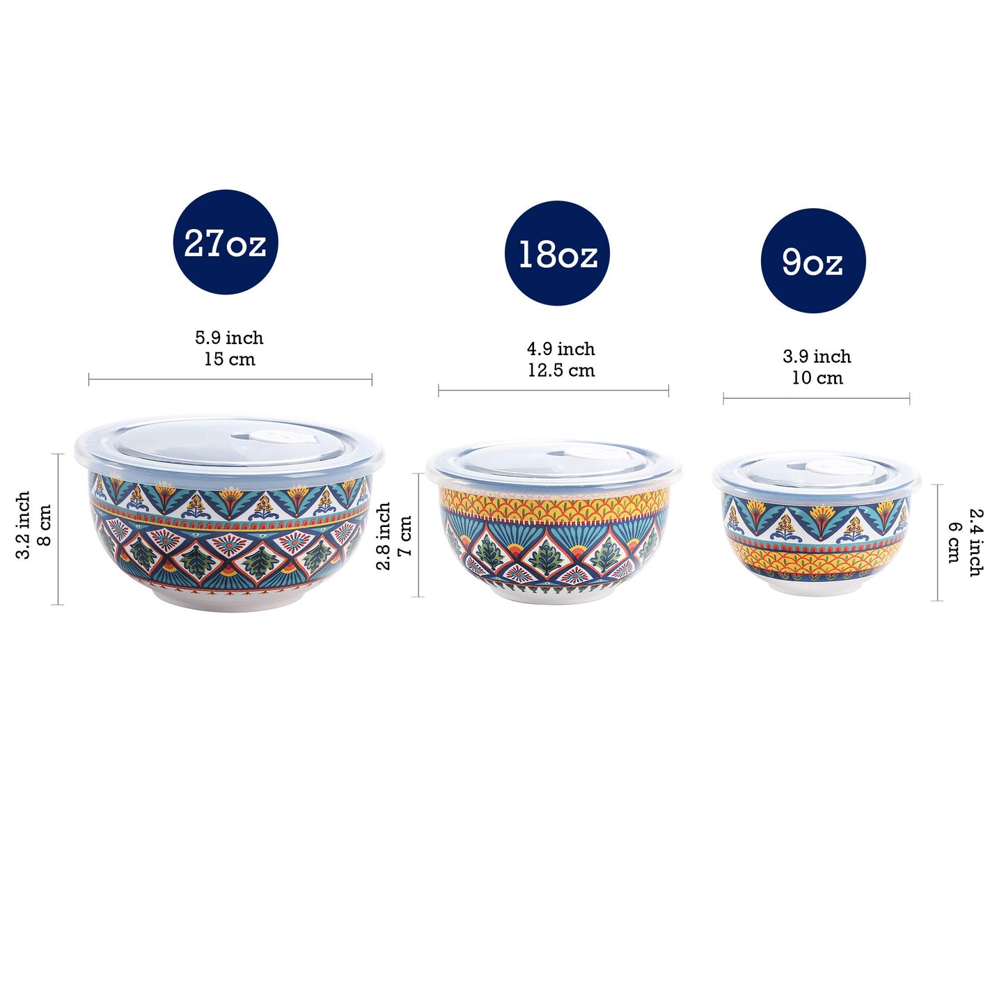 Bico Havana Ceramic Bowl with Air Tight Lid Set of 3(27oz, 18oz, 9oz each), Prep bowls, Food Storage Bowl for Salad, Snacks, Fruits, Microwave and Dishwasher Safe