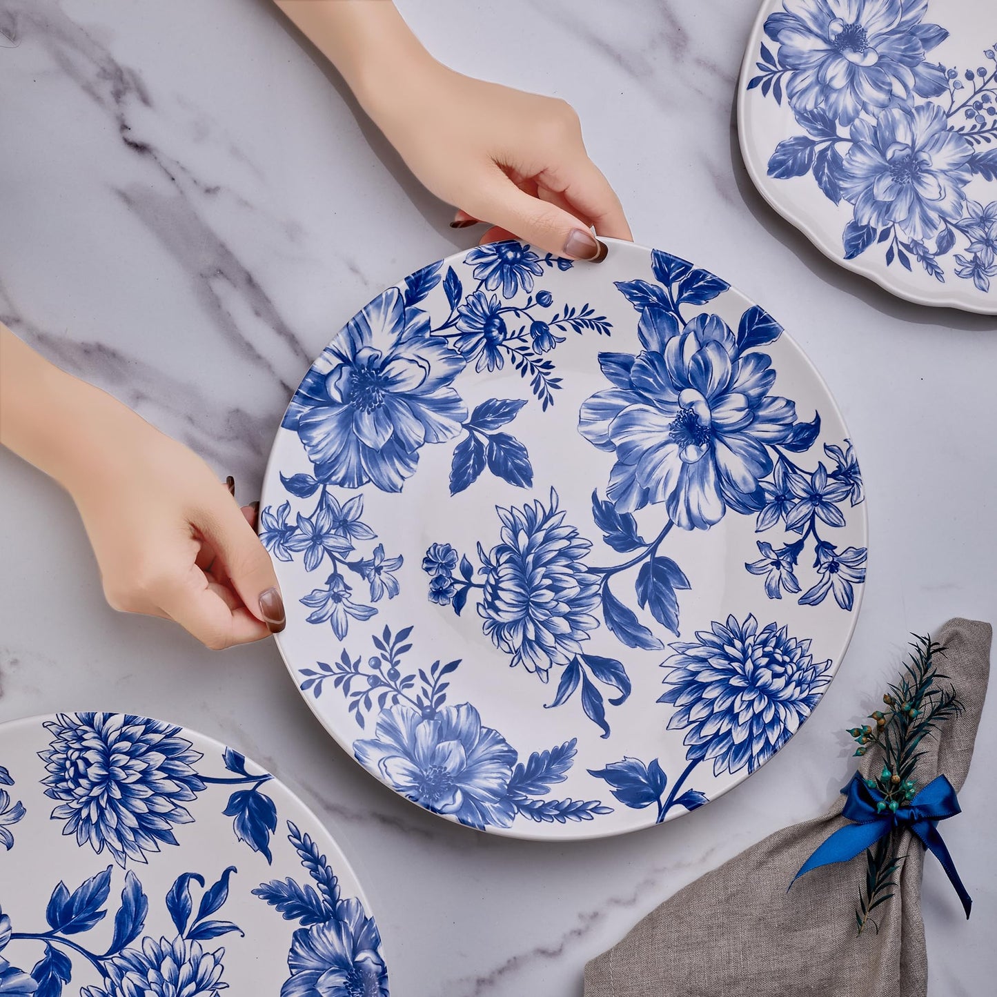 Bico Blue Floral Haven Ceramic 11 inch Dinner Plates, Set of 4, for Pasta, Salad, Maincourse, Microwave & Dishwasher Safe