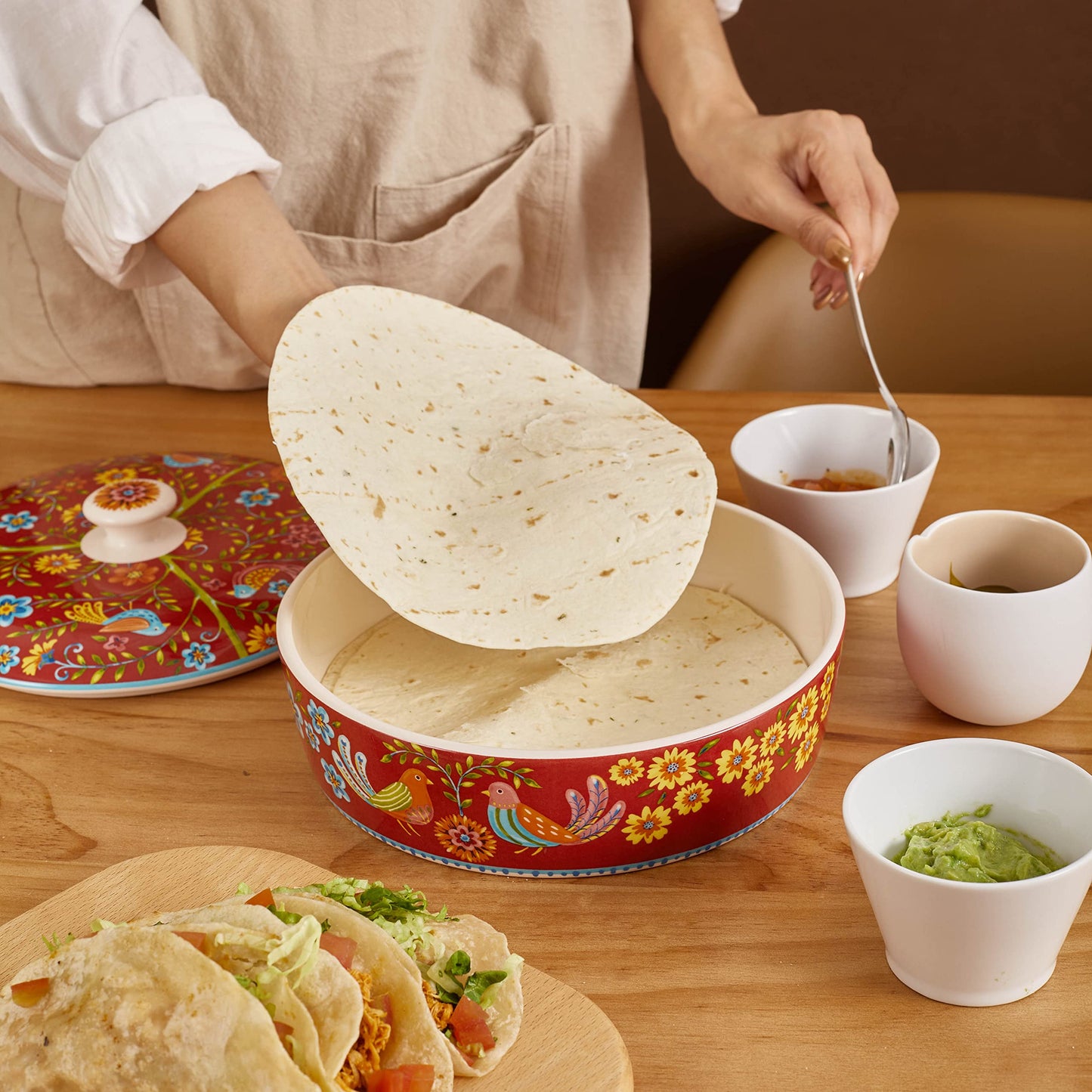 Bico Ceramic 8.8 inch Tortilla Warmer, Tortilla Server with Lid, Taco Holder for Mexican Fiesta Party, Taco Tuesday, Microwave and Dishwasher Safe