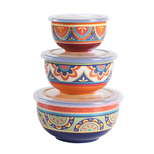 Bico Tunisian Ceramic Bowl with Air Tight Lid Set of 3(27oz, 18oz, 9oz each), Prep bowls, Food Storage Bowl for Salad, Snacks, Fruits, Microwave and Dishwasher Safe