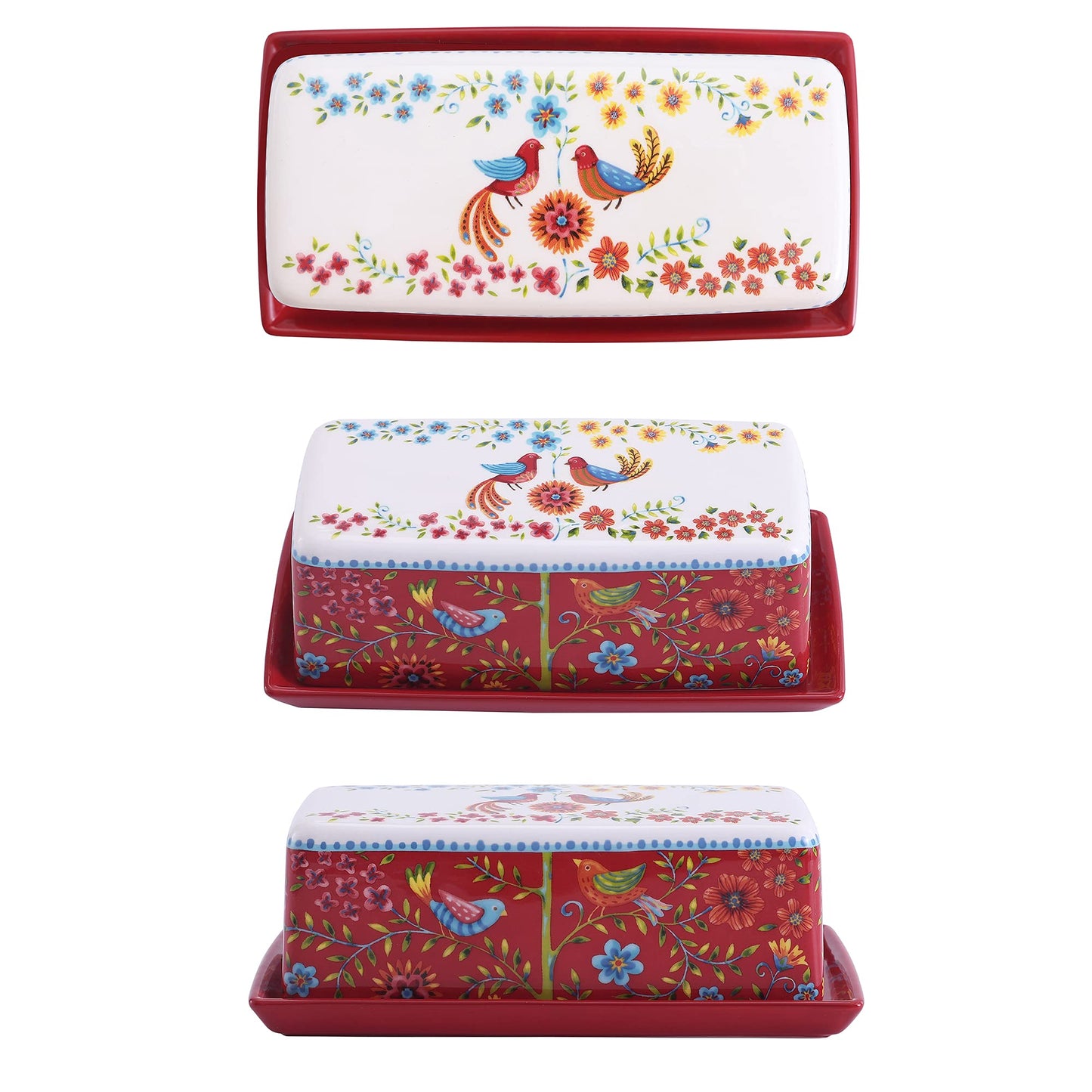 Bico Red Spring Bird Ceramic Butter Dish with Lid, Butter Keeper for Counter, Kitchen, Dishwasher Safe