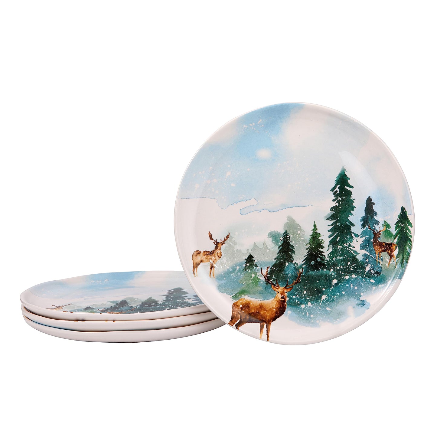 Bico Enchanted Deer Dreamscape Ceramic 11 inch Dinner Plates, Set of 4, for Pasta, Salad, Maincourse, Microwave & Dishwasher Safe