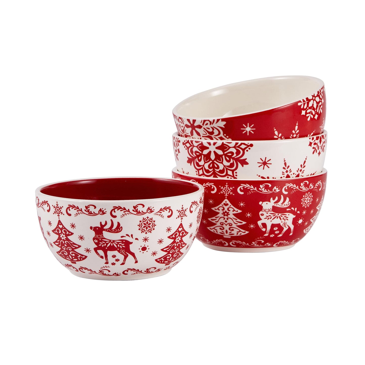 Bico Holly Jolly Ceramic Cereal Bowls Set of 4, 26oz, for Pasta, Salad, Cereal, Soup & Microwave & Dishwasher Safe