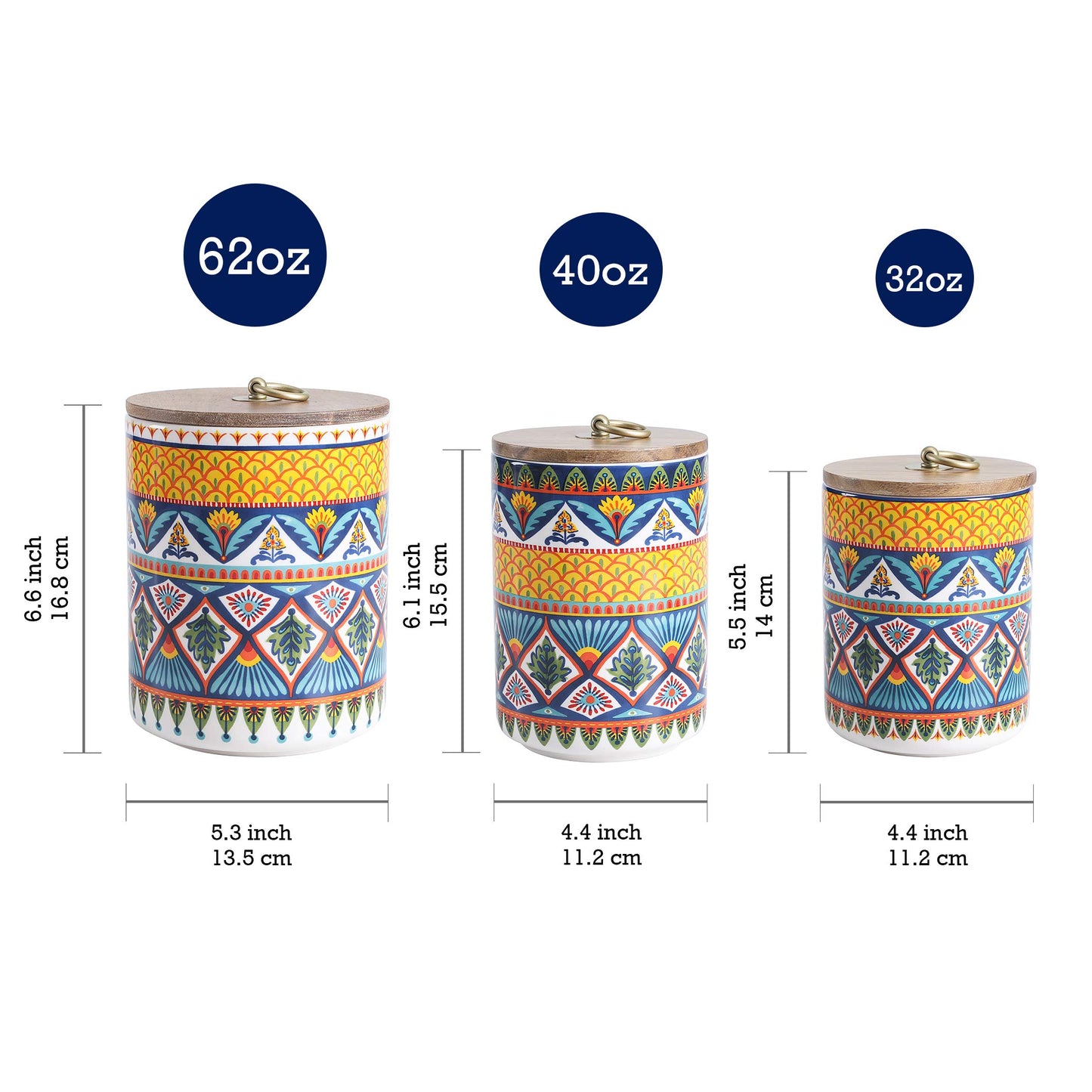 Bico Havana Ceramic Canister Set of 3 for Kitchen Counter, 62oz, 40oz, 32oz each, with Wooden Air Tight Lid, Food Storage Jar for storing Coffee, Tea, Spice, Dishwasher Safe