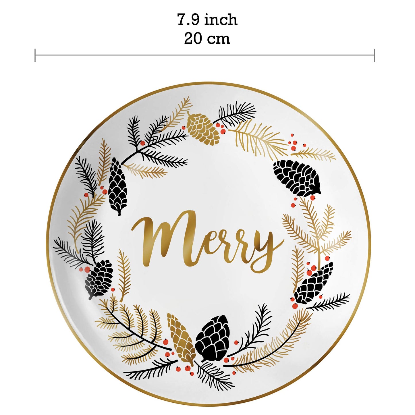 Bico Christmas Wreath Holiday Porcelain 8 inch Salad Plates, Set of 4, for Salad, Appetizer, Microwave Safe & Handwash Suggested