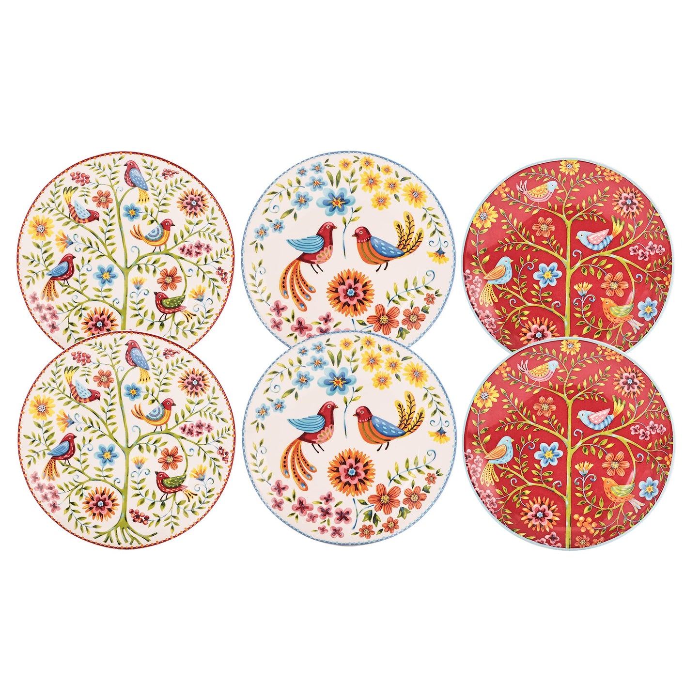 Bico Red Spring Bird 6 inch Ceramic Appetizer Plate, Set of 6, for Salad, Appetizer, Snacks, Microwave & Dishwasher Safe