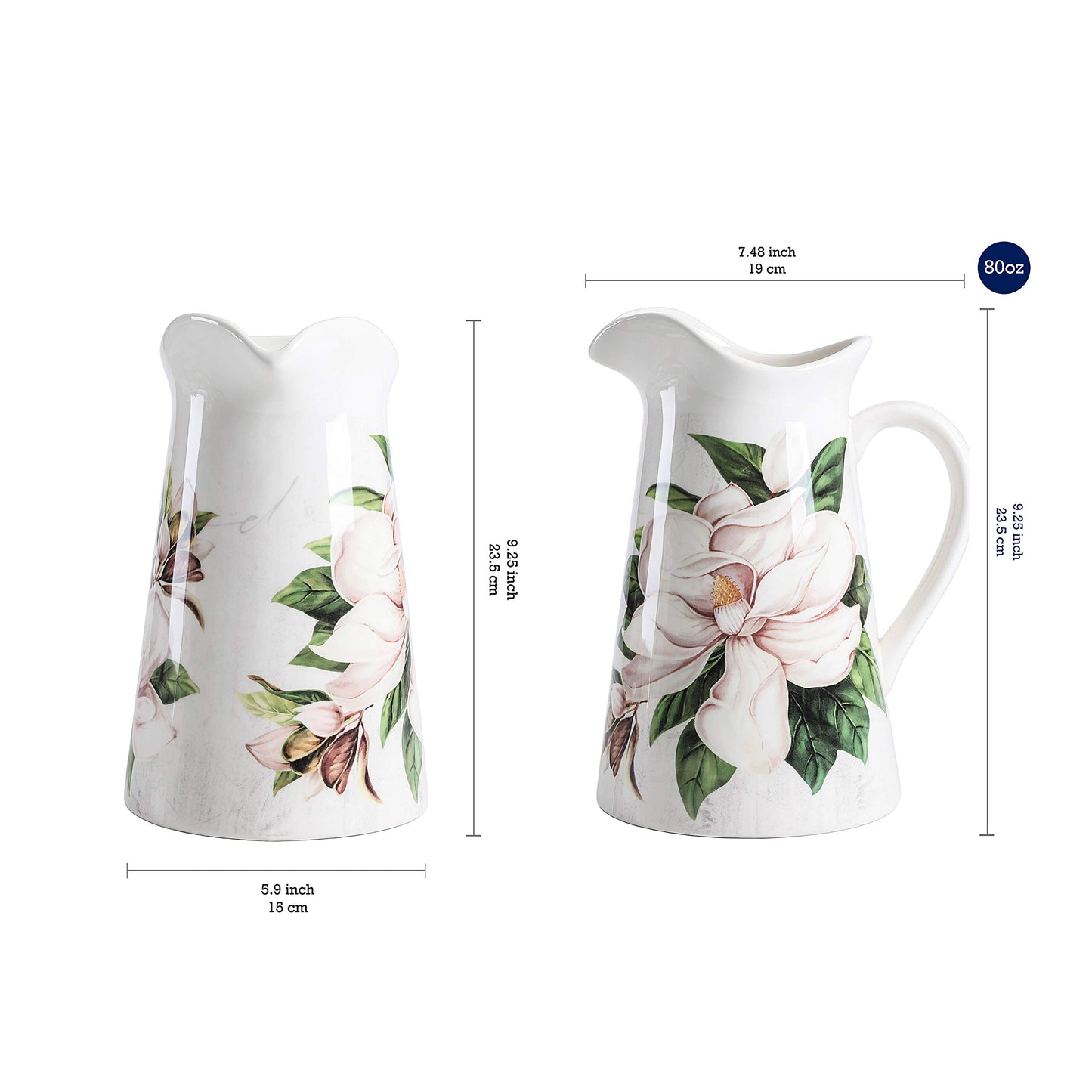 Bico Magnolia Floral Ceramic 2.5 Quarts Pitcher with Handle, Decorative Vase for Flower Arrangements, Dishwasher Safe