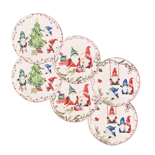 Bico Christmas Gnomes 6 inch Ceramic Appetizer Plate, Set of 6, for Salad, Appetizer, Snacks, Microwave & Dishwasher Safe