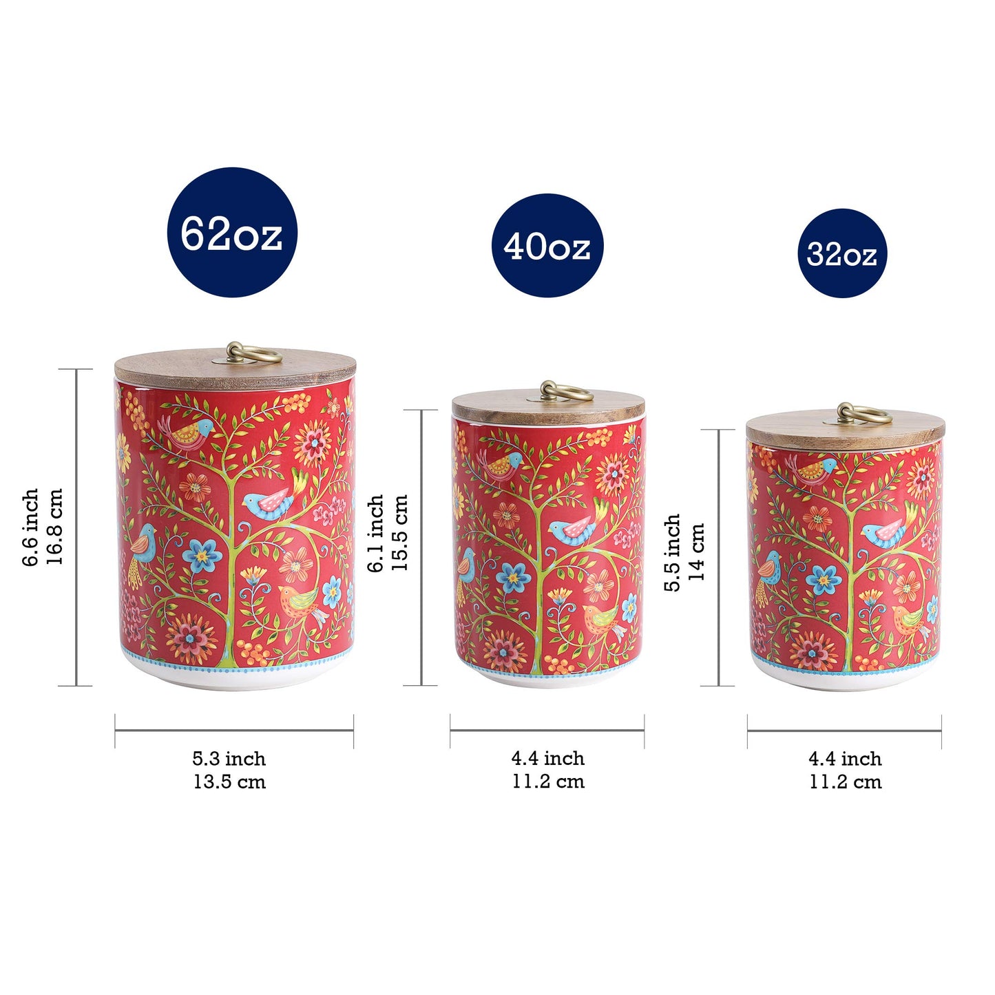 Bico Red Spring Bird Ceramic Canister Set of 3 for Kitchen Counter, 62oz, 40oz, 32oz each, with Wooden Air Tight Lid, Food Storage Jar for storing Coffee, Tea, Spice, Dishwasher Safe