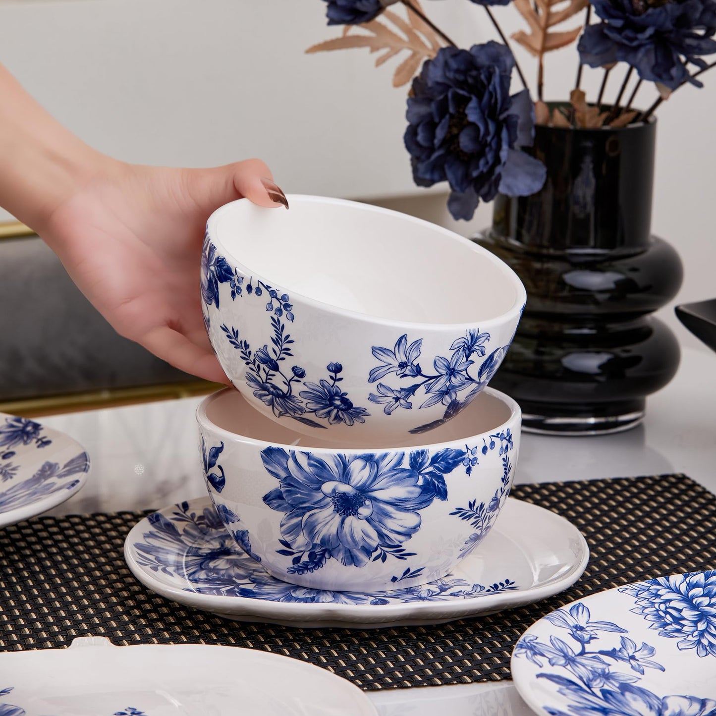 Bico Blue Floral Haven Ceramic Cereal Bowls Set of 4, 26oz, for Pasta, Salad, Cereal, Soup & Microwave & Dishwasher Safe