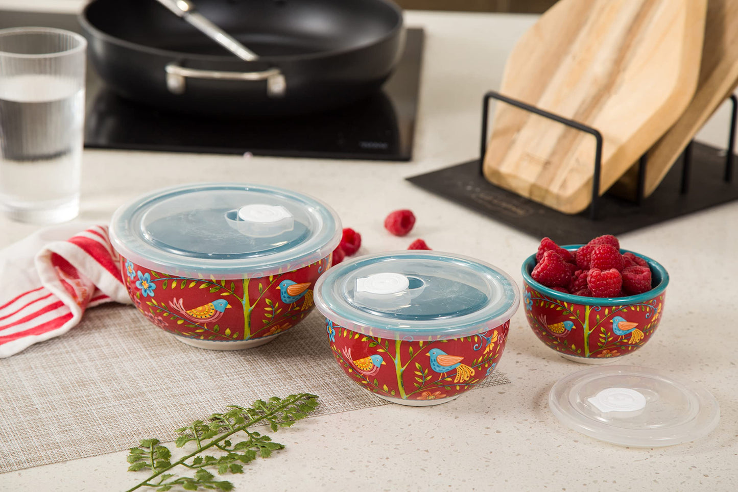 Bico Red Spring Bird Ceramic Bowl with Air Tight Lid Set of 3(27oz, 18oz, 9oz each), Prep bowls, Food Storage Bowl for Salad, Snacks, Fruits, Microwave and Dishwasher Safe