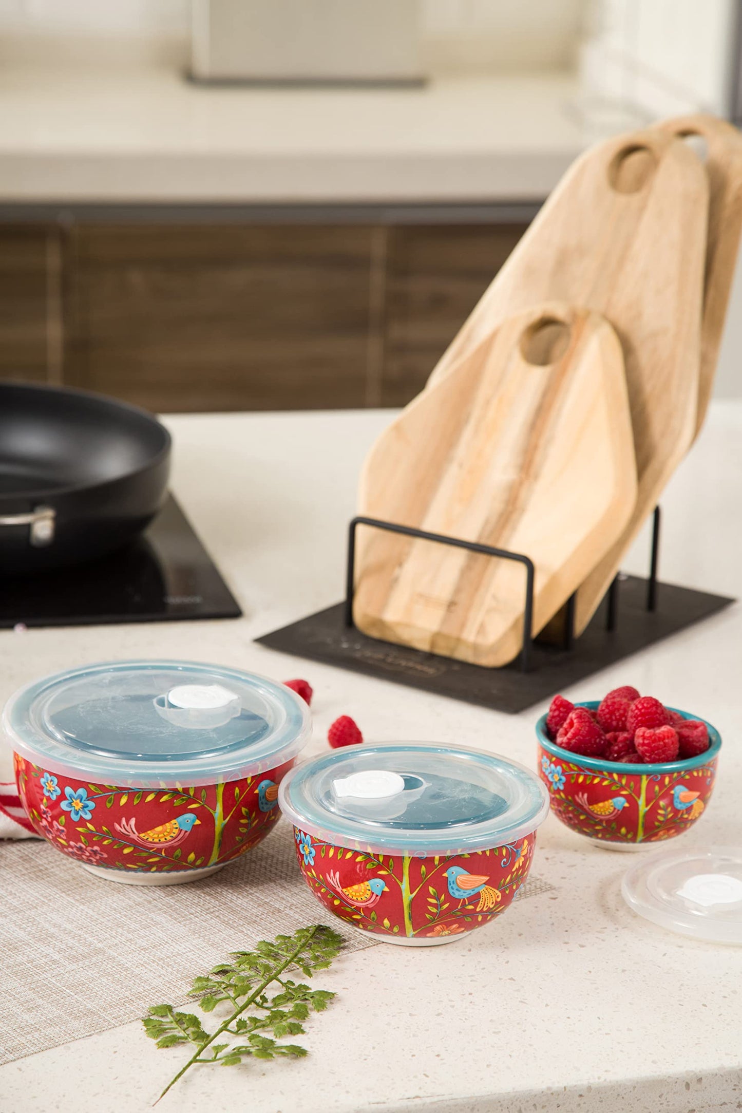 Bico Red Spring Bird Ceramic Bowl with Air Tight Lid Set of 3(27oz, 18oz, 9oz each), Prep bowls, Food Storage Bowl for Salad, Snacks, Fruits, Microwave and Dishwasher Safe