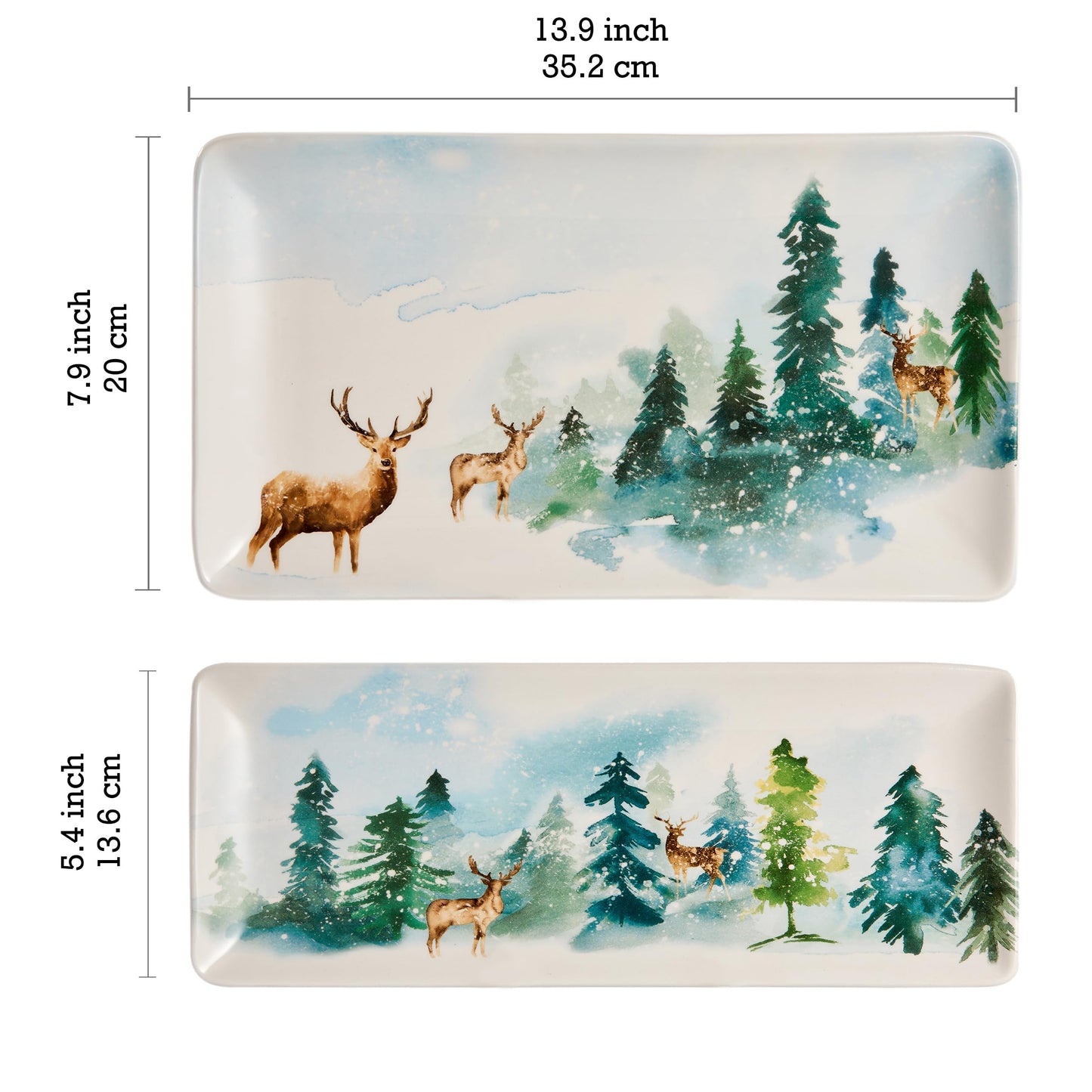 Bico Enchanted Deer Dreamscape Ceramic 14 inch Rectangular Serving Platter, Set of 2, for Serving Salad, Pasta, Cheese, Ham, Appetizer, Microwave & Dishwasher Safe