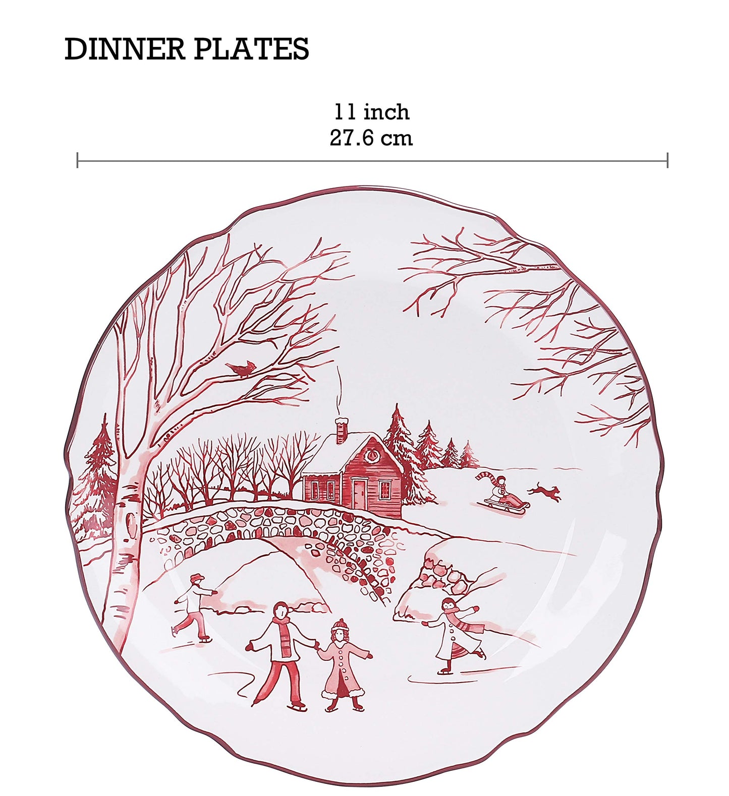 Bico Toile De Jouy Winter Wonderland Scalloped Dinner Plates, Ceramic, 11 inch, Set of 4, for Pasta, Salad, Maincourse, Microwave & Dishwasher Safe