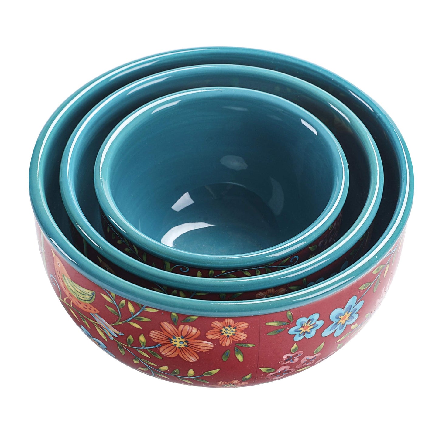 Bico Red Spring Bird Ceramic Bowl with Air Tight Lid Set of 3(27oz, 18oz, 9oz each), Prep bowls, Food Storage Bowl for Salad, Snacks, Fruits, Microwave and Dishwasher Safe