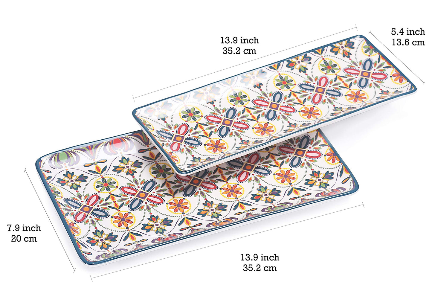 Bico Red Blue Leaf Ceramic 14 inch Rectangular Serving Platter, Set of 2, for Serving Salad, Pasta, Cheese, Ham, Appetizer, Microwave & Dishwasher Safe