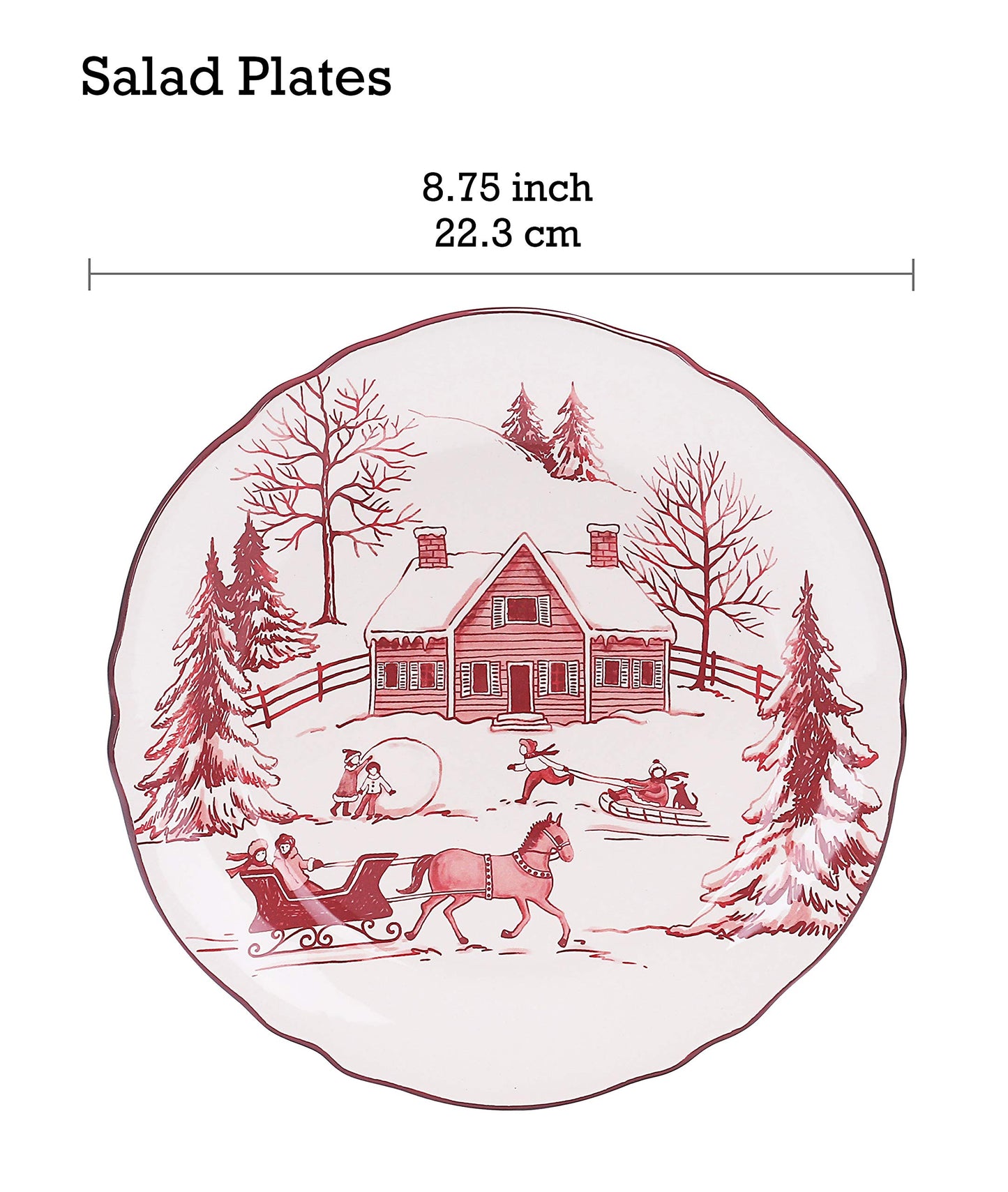 Bico Toile De Jouy Winter Wonderland Ceramic 8.75 inch Scalloped Salad Plates, Set of 4, for Salad, Appetizer, Microwave & Dishwasher Safe