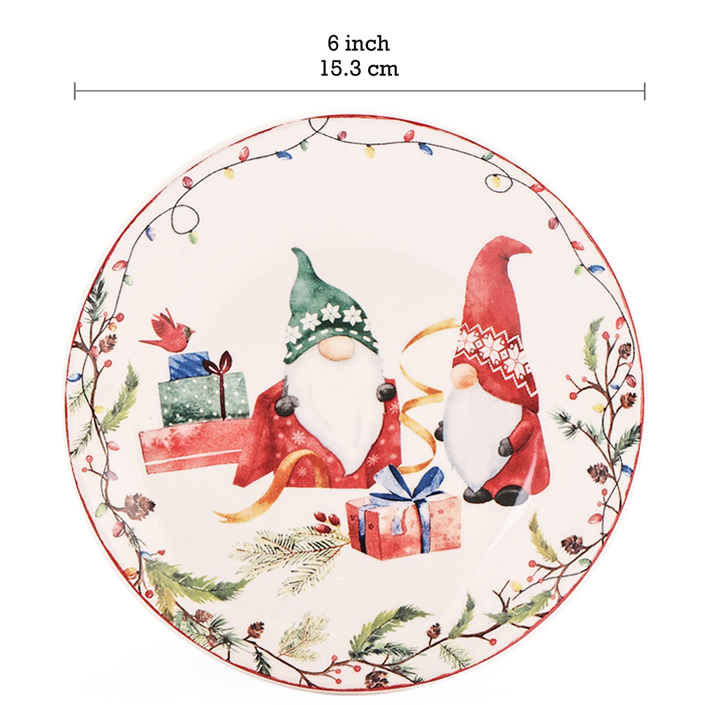 Bico Christmas Gnomes 6 inch Ceramic Appetizer Plate, Set of 6, for Salad, Appetizer, Snacks, Microwave & Dishwasher Safe