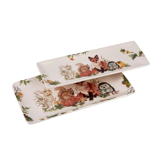 Bico Woodland Critters Ceramic 14 inch Rectangular Serving Platter, Set of 2, for Serving Salad, Pasta, Cheese, Ham, Appetizer, Microwave & Dishwasher Safe