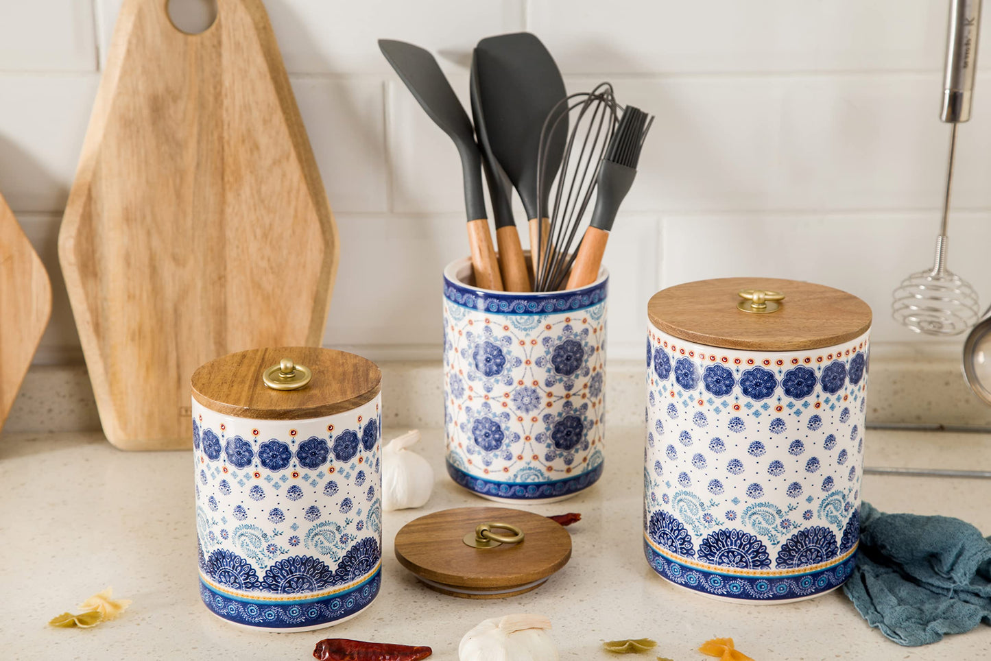 Bico Blue Talavera Ceramic Canister Set of 3 for Kitchen Counter, 62oz, 40oz, 32oz each, with Wooden Air Tight Lid, Food Storage Jar for storing Coffee, Tea, Spice, Dishwasher Safe