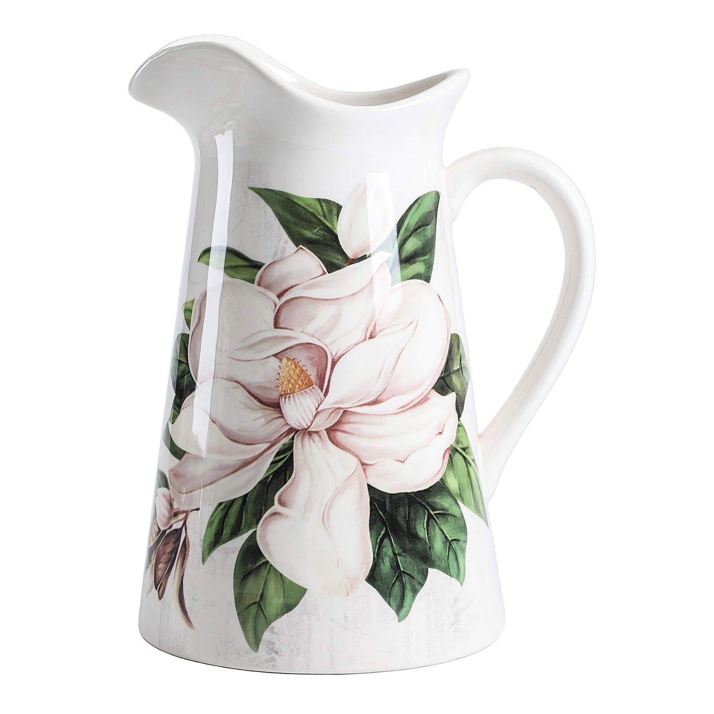 Bico Magnolia Floral Ceramic 2.5 Quarts Pitcher with Handle, Decorative Vase for Flower Arrangements, Dishwasher Safe