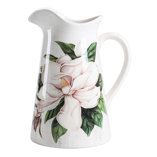 Bico Magnolia Floral Ceramic 2.5 Quarts Pitcher with Handle, Decorative Vase for Flower Arrangements, Dishwasher Safe