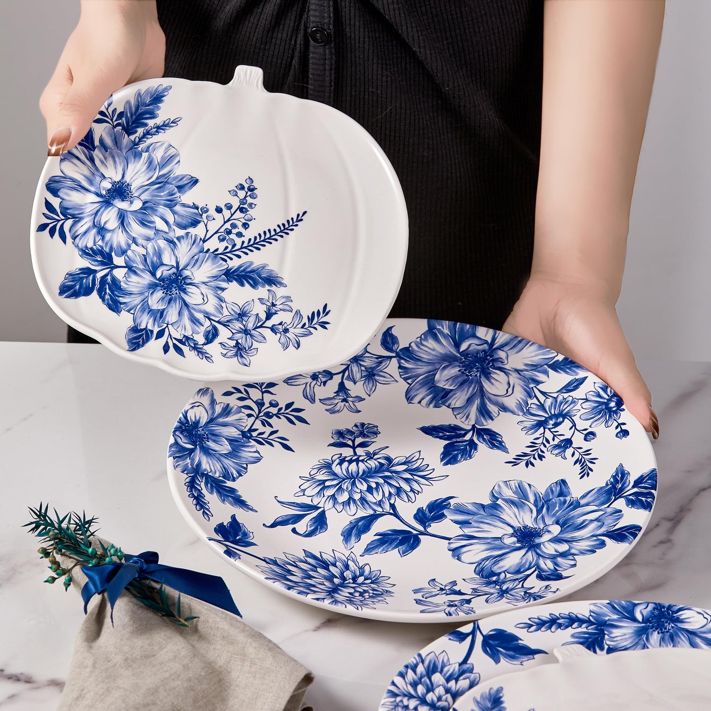 Bico Blue Floral Haven Ceramic 11 inch Dinner Plates, Set of 4, for Pasta, Salad, Maincourse, Microwave & Dishwasher Safe