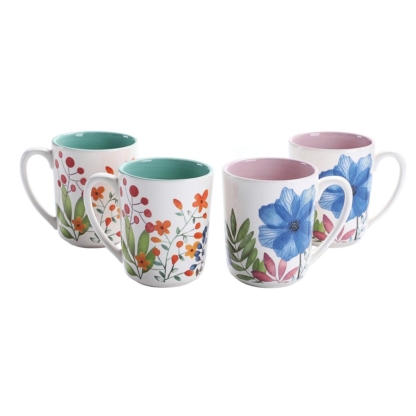 Bico Flower Carnival Mugs, Set of 4, two pink two green, for Coffee, Tea, Drinks, Microwave & Dishwasher Safe