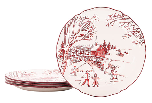 Bico Toile De Jouy Winter Wonderland Scalloped Dinner Plates, Ceramic, 11 inch, Set of 4, for Pasta, Salad, Maincourse, Microwave & Dishwasher Safe