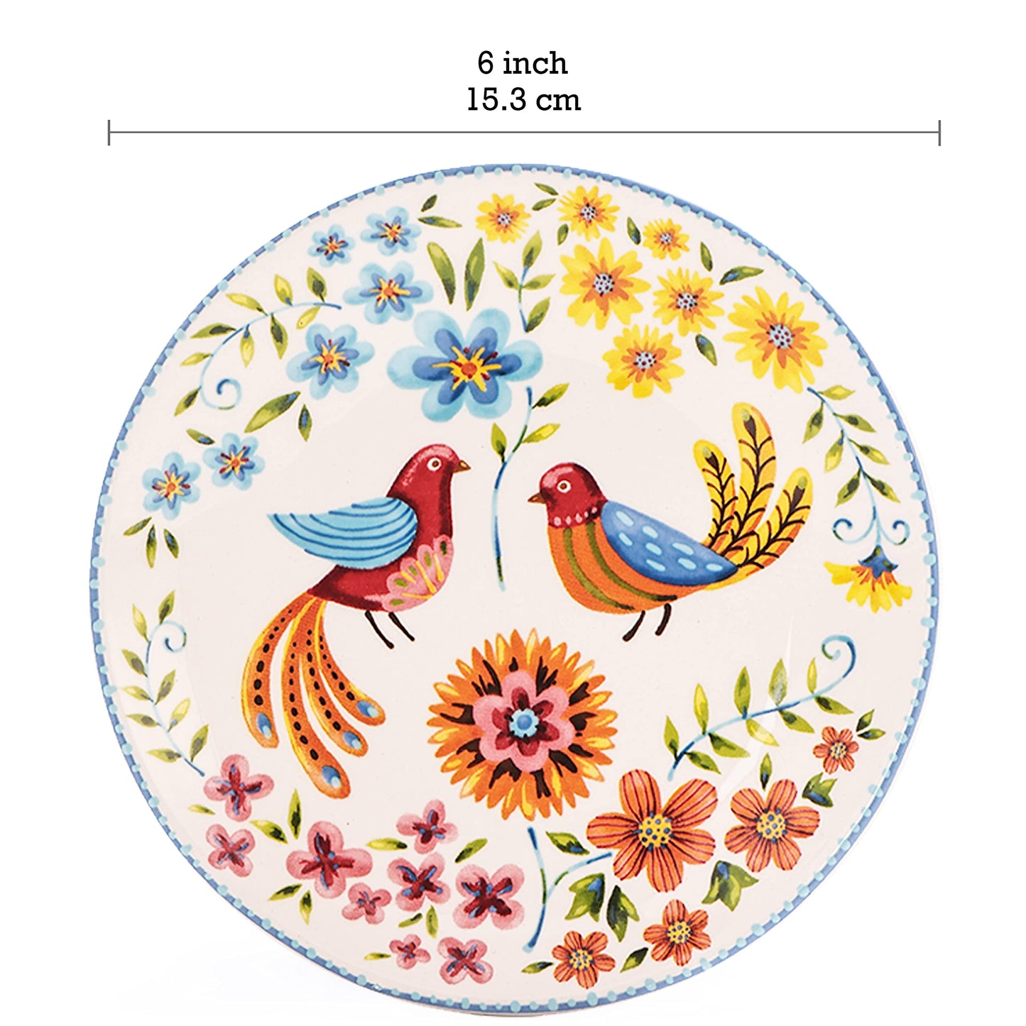 Bico Red Spring Bird 6 inch Ceramic Appetizer Plate, Set of 6, for Salad, Appetizer, Snacks, Microwave & Dishwasher Safe