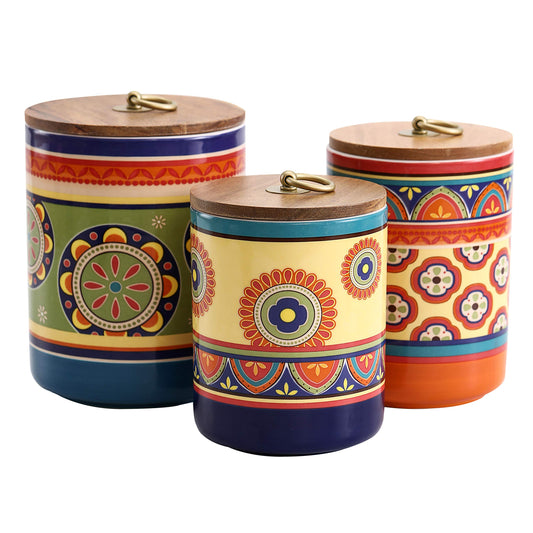 Bico Tunisian Ceramic Canister Set of 3 for Kitchen Counter, 62oz, 40oz, 32oz each, with Wooden Air Tight Lid, Food Storage Jar for storing Coffee, Tea, Spice, Dishwasher Safe