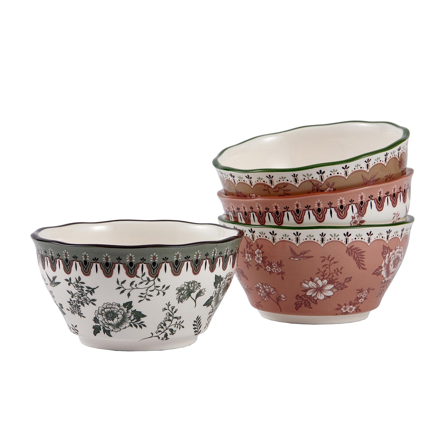 Bico Country Wanderlust Scalloped Ceramic Cereal Bowls Set of 4, 24oz, for Pasta, Salad, Cereal, Soup & Microwave & Dishwasher Safe